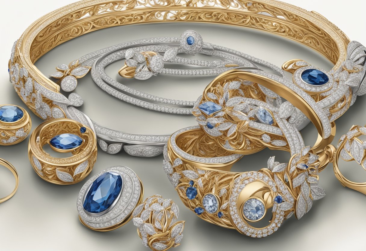 A display of Chaumet's heritage and craftsmanship, featuring intricate jewelry designs and skilled artisans at work