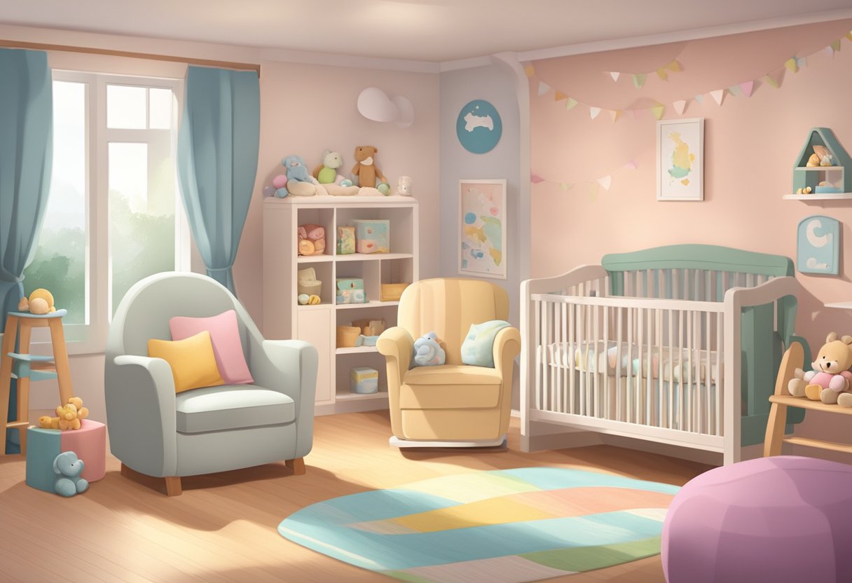 A cozy infant care room with colorful toys, soft blankets, and a gentle rocking chair. A warm, nurturing atmosphere for Singaporean babies