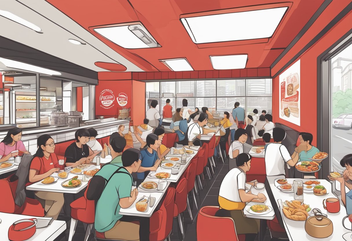 A bustling Kenny Rogers Roasters in Singapore, with customers enjoying their meals and the iconic red and white branding on display
