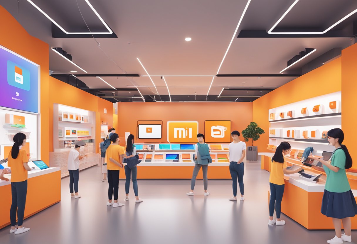 Customers exploring Xiaomi products at the vibrant store in Singapore. Bright displays, interactive demos, and friendly staff create an immersive brand experience