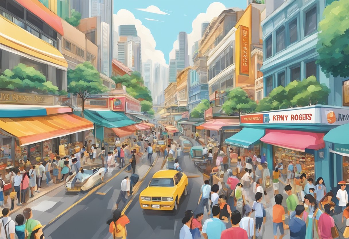 A busy Singapore street with a prominent sign for "Kenny Rogers" surrounded by bustling crowds and colorful storefronts