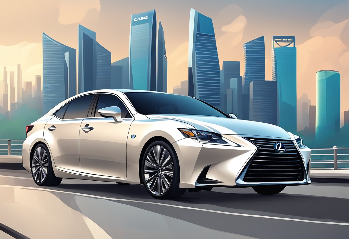 A sleek Lexus sedan parked in front of a modern Singapore skyline, with the iconic Marina Bay Sands in the background