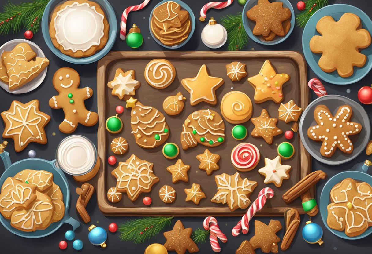 A table adorned with a variety of Christmas cookies, from buttery shortbread to spicy gingerbread, surrounded by festive decorations and twinkling lights
