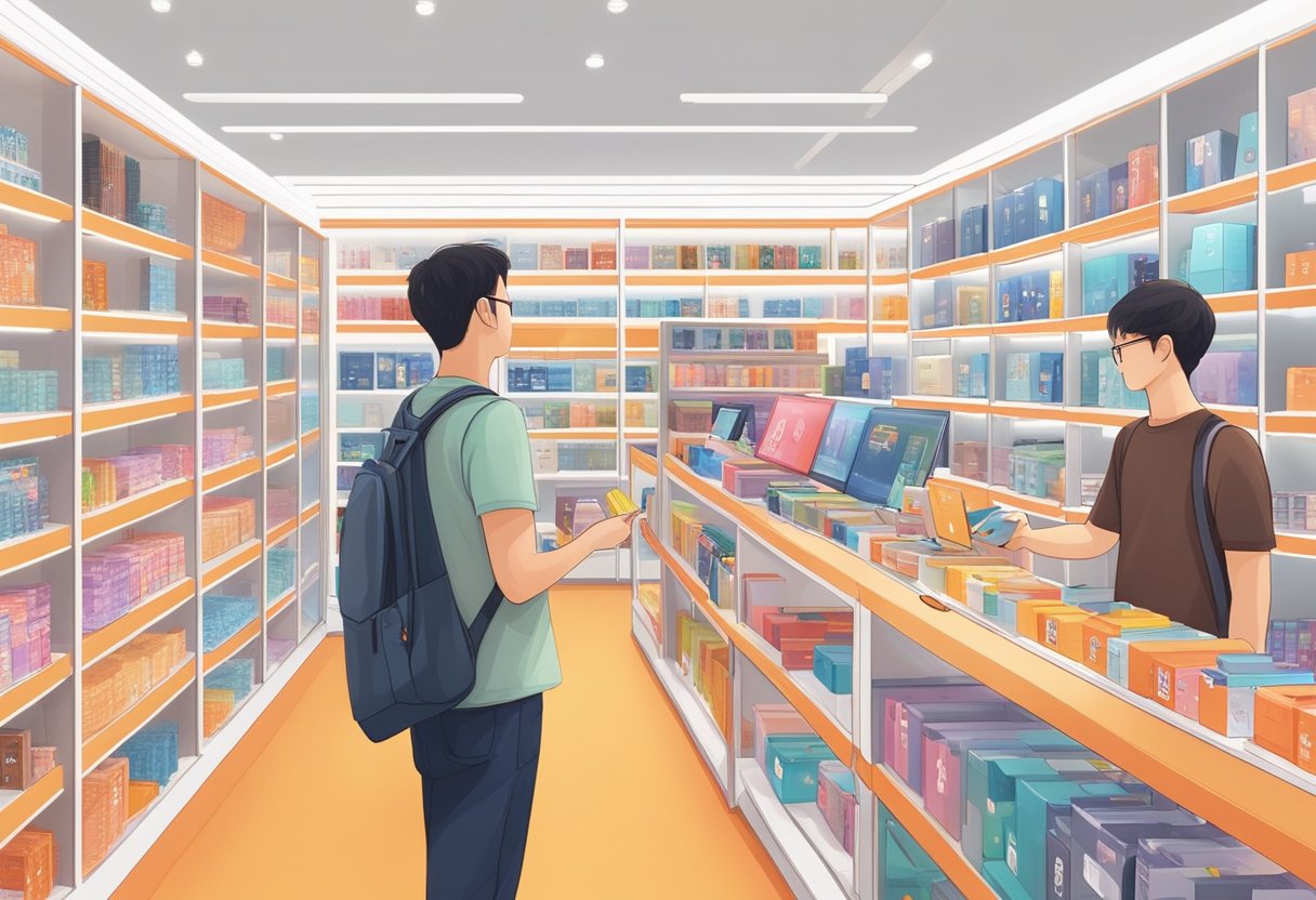 Customers browsing through shelves of Xiaomi products in a well-lit Singapore store