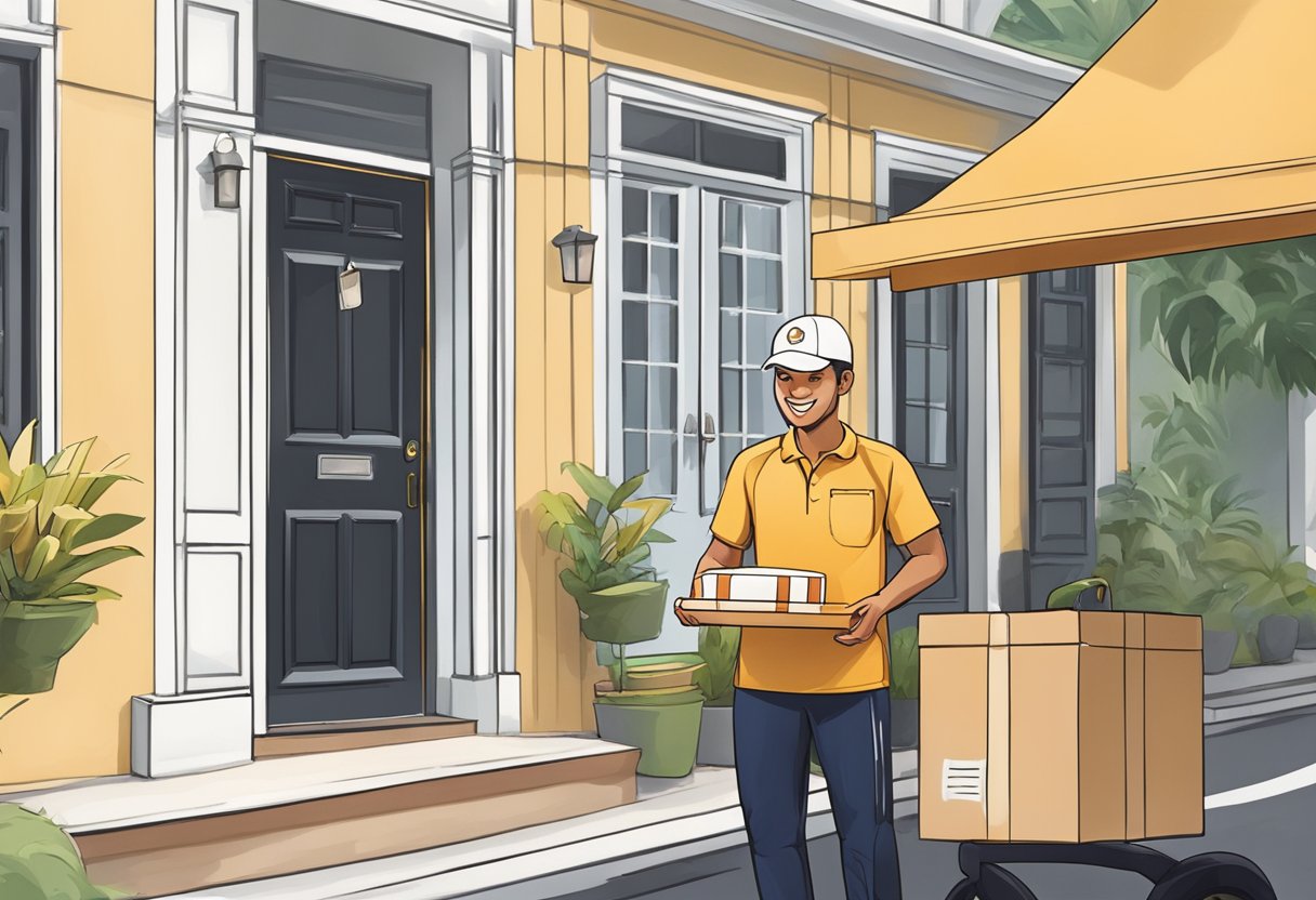A delivery person handing over a cake box at a Singapore doorstep