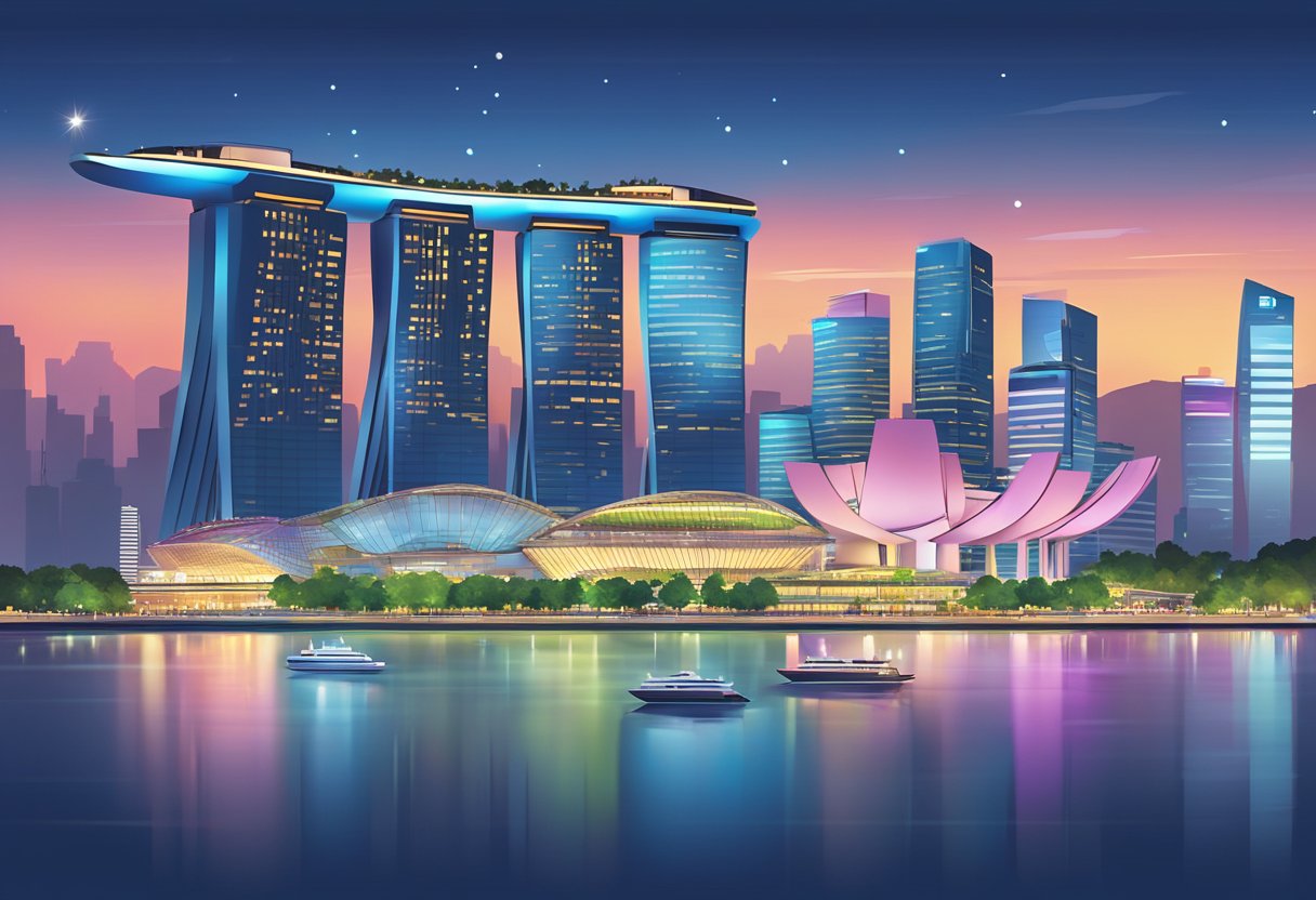 The iconic skyline of SGAC Singapore, with its futuristic architecture and vibrant city lights, set against the backdrop of the Marina Bay
