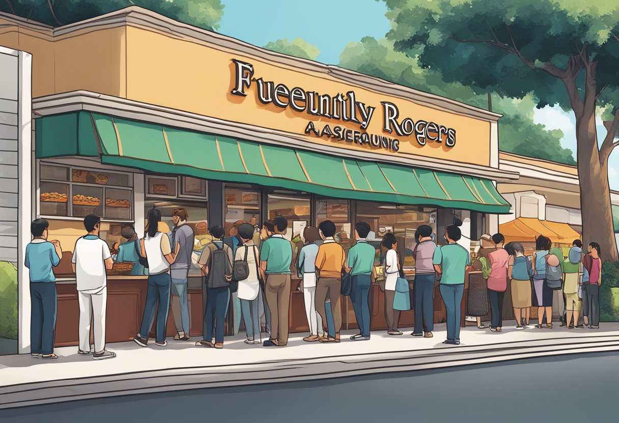 A group of people standing in line outside a Kenny Rogers restaurant in Singapore, with a sign that reads "Frequently Asked Questions" prominently displayed