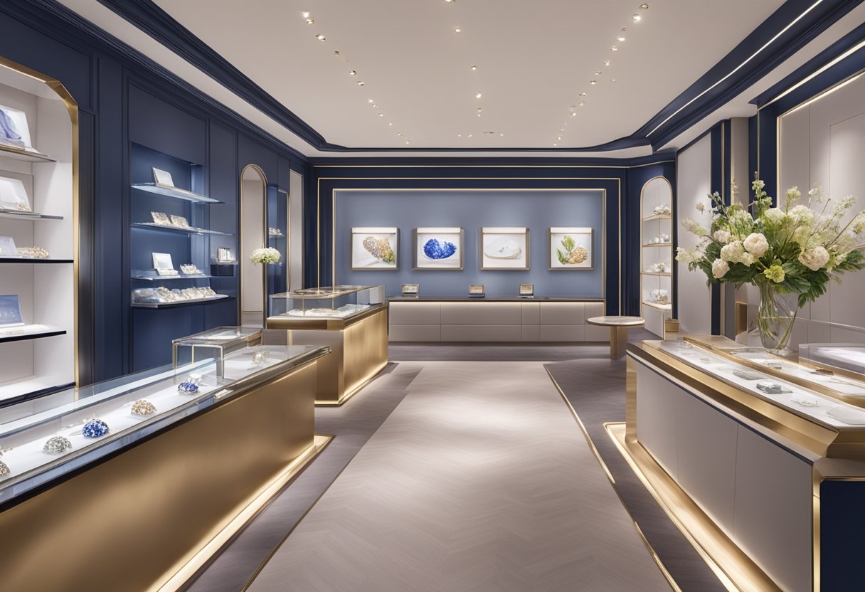 A colorful display of Chaumet jewelry in a sleek Singapore boutique, with elegant signage and a welcoming atmosphere
