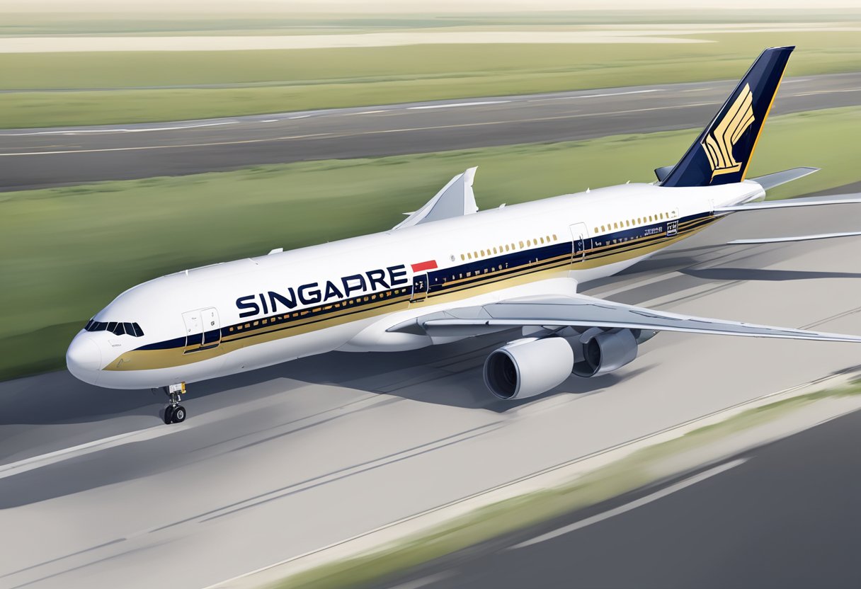 A Singapore Airlines aircraft taking off from a runway, with its distinctive livery and logo visible on the fuselage