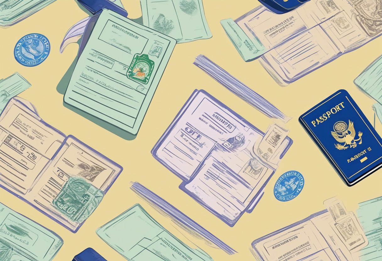 Passport and SG Arrival Card held by hand. Airport immigration officer stamps entry. Signs display entry requirements