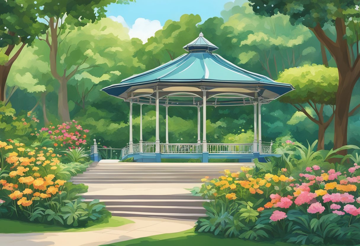 The bandstand stands in the center of the Singapore Botanic Gardens, surrounded by lush greenery and vibrant flowers, with a clear blue sky overhead