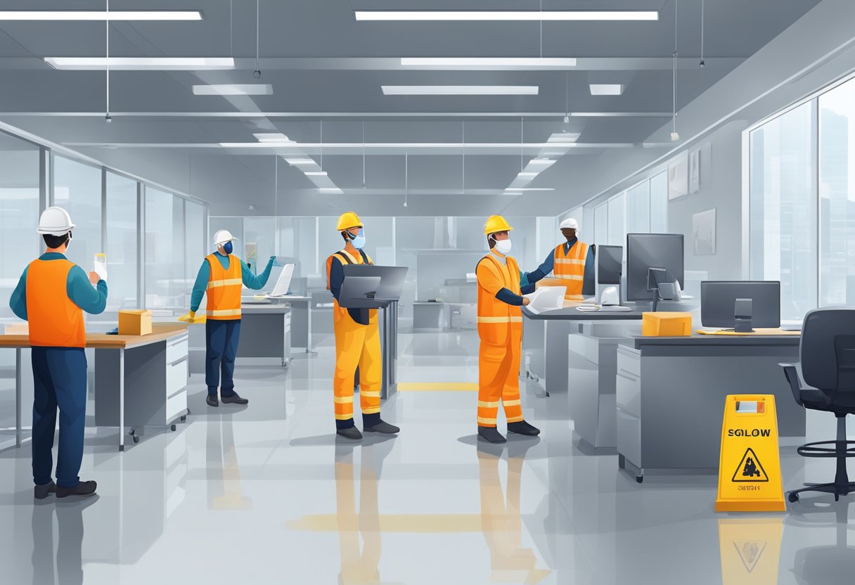 Workers wear PPE, maintain social distance, and follow safety signage in a clean and organized workplace