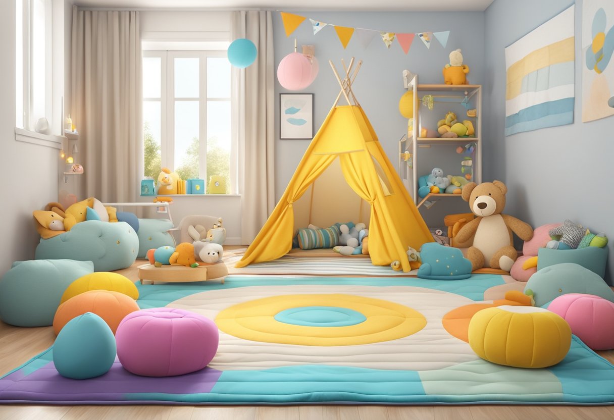 A colorful play mat with various textures and toys, surrounded by soft pillows and a mobile overhead, creating a stimulating environment for an infant's development
