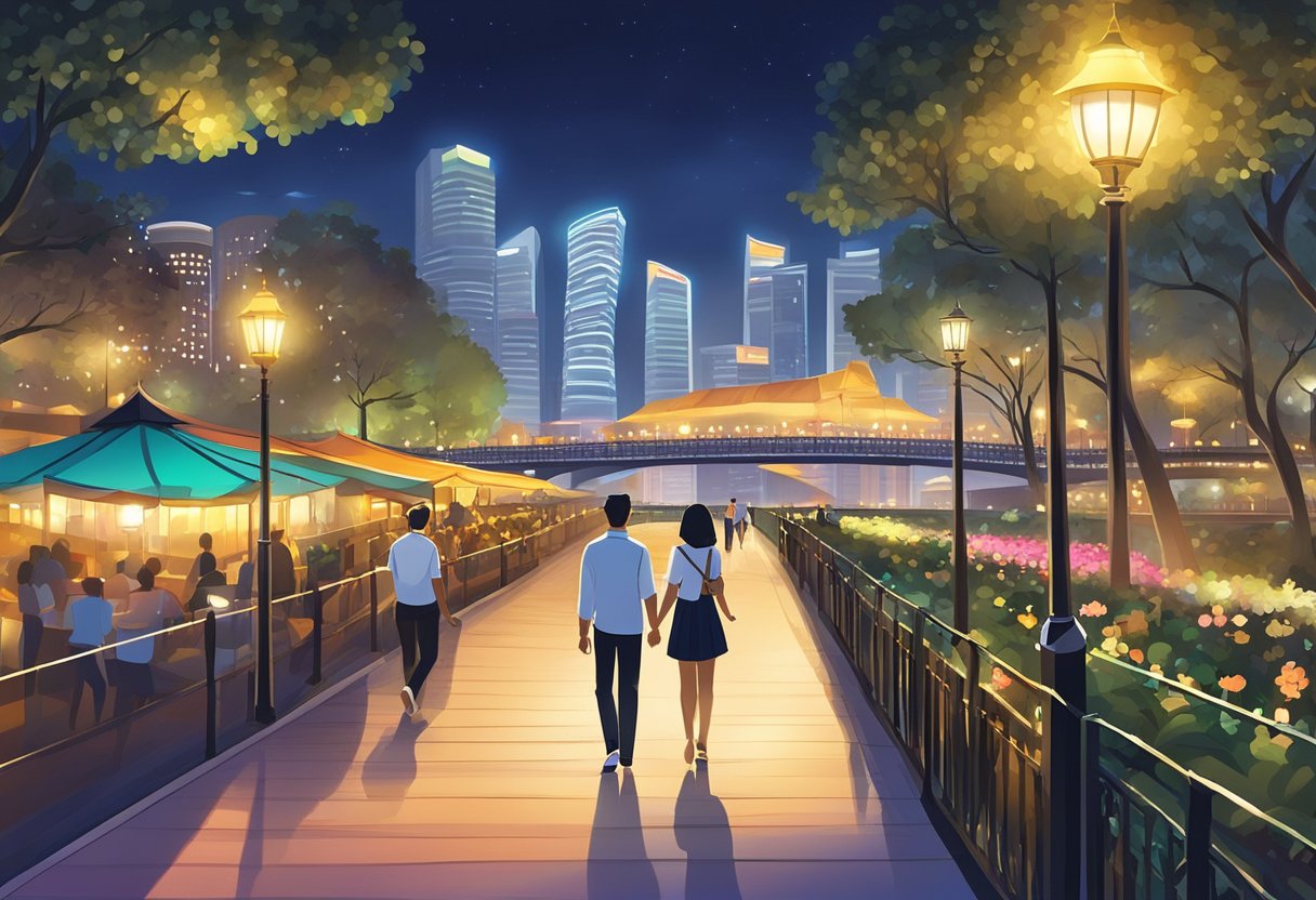 A couple strolling along the Singapore River at night, surrounded by colorful lights and bustling nightlife