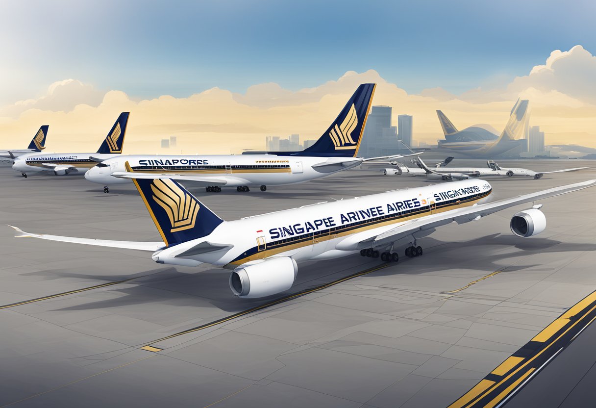 Several Singapore Airlines aircraft lined up on the tarmac, with the iconic logo and livery visible on the planes