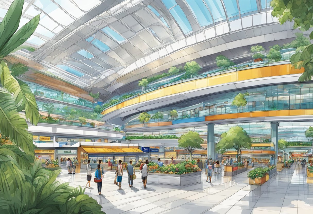 The Singapore airport buzzes with colorful shops, lush gardens, and sleek architecture, creating a vibrant and modern atmosphere for travelers