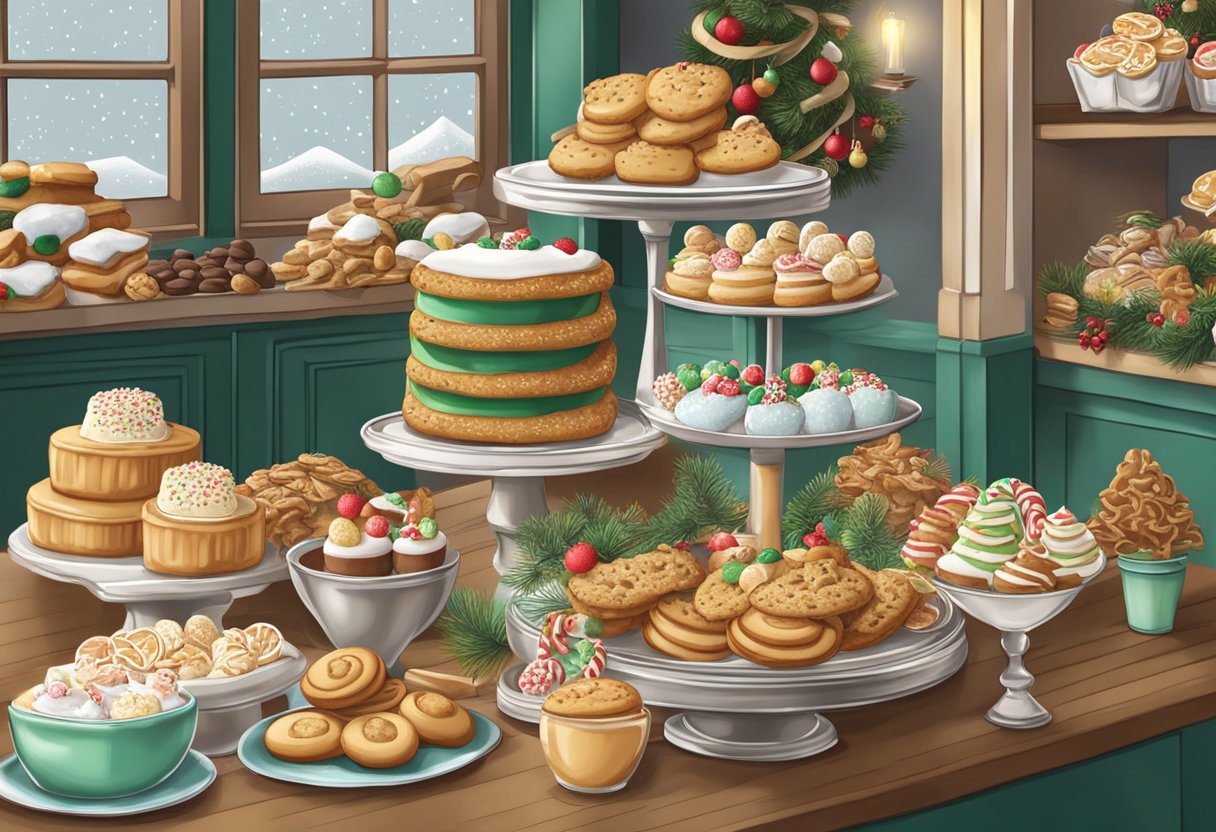 A festive table displays a variety of Christmas treats, including beautifully decorated cookies, in a cozy bakery in Singapore