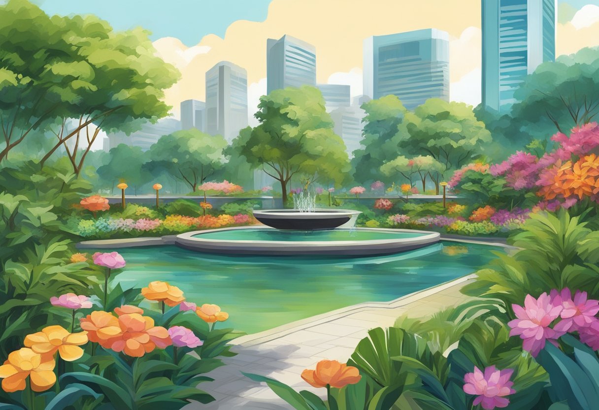 Lush greenery, vibrant flowers, and serene water features fill the Singapore Gardens, with a mix of modern design and natural beauty