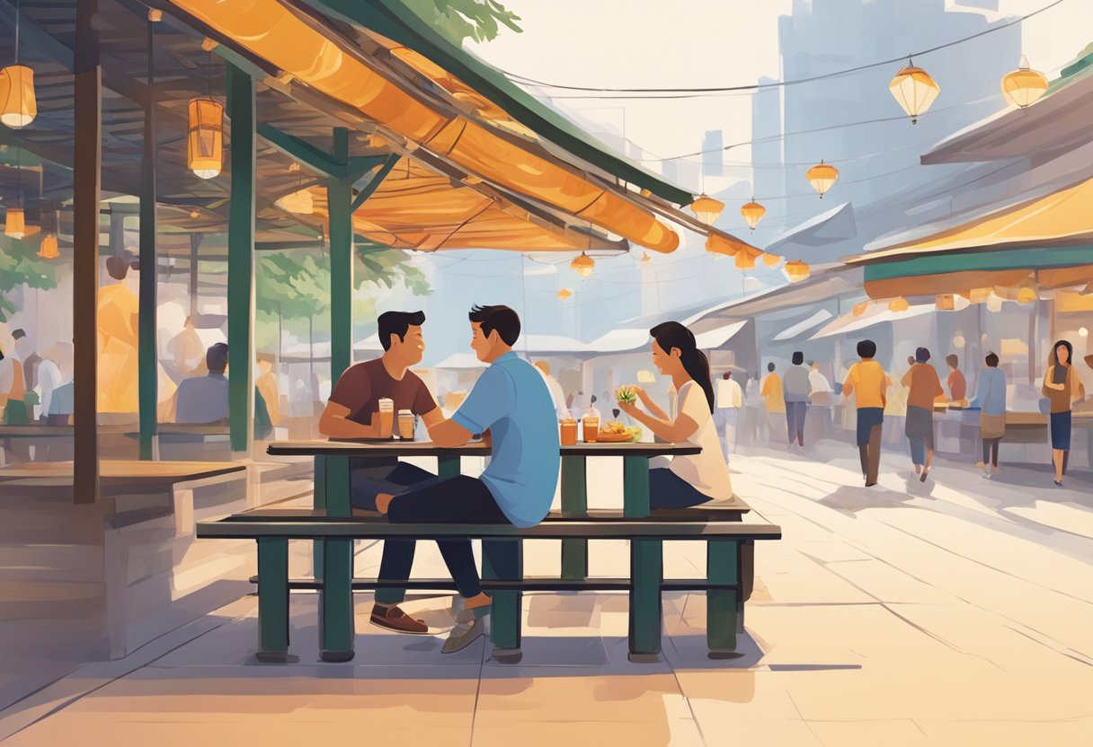 A couple sits at a hawker center, sharing a meal and engaging in lively conversation. Other couples walk by, hand in hand, enjoying the bustling atmosphere