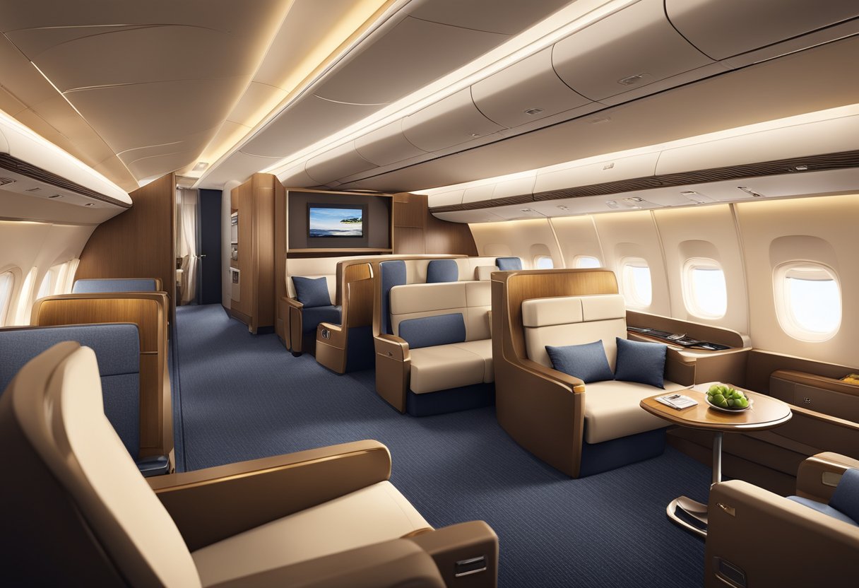 The cabin classes of a Singapore Airlines aircraft showcase luxurious comfort with spacious seating, elegant decor, and modern amenities