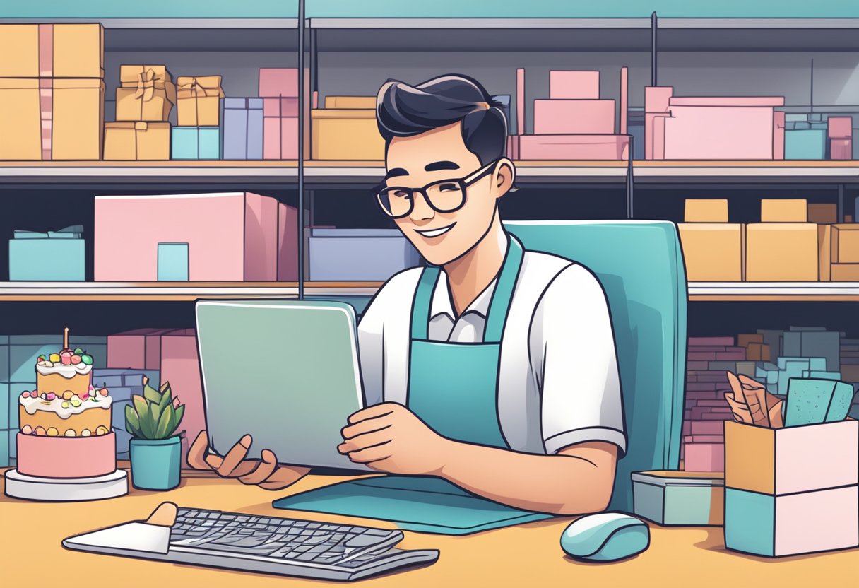 A customer typing delivery details on a computer while placing a cake order online for same-day delivery in Singapore