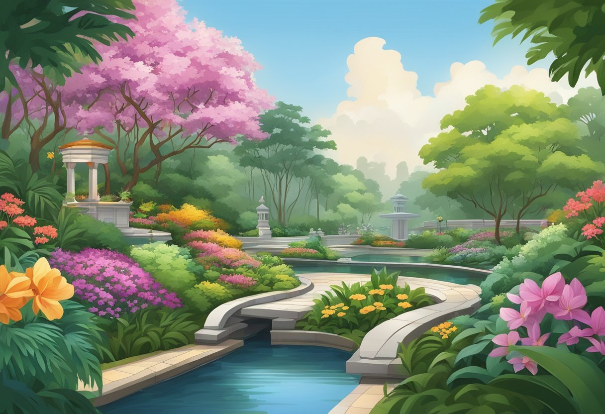 Lush greenery and colorful flowers fill the tranquil gardens of Singapore, with winding paths and serene water features creating a peaceful atmosphere
