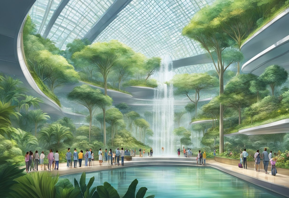 Visitors admire indoor waterfall, lush greenery, and unique architecture at Jewel Changi Airport