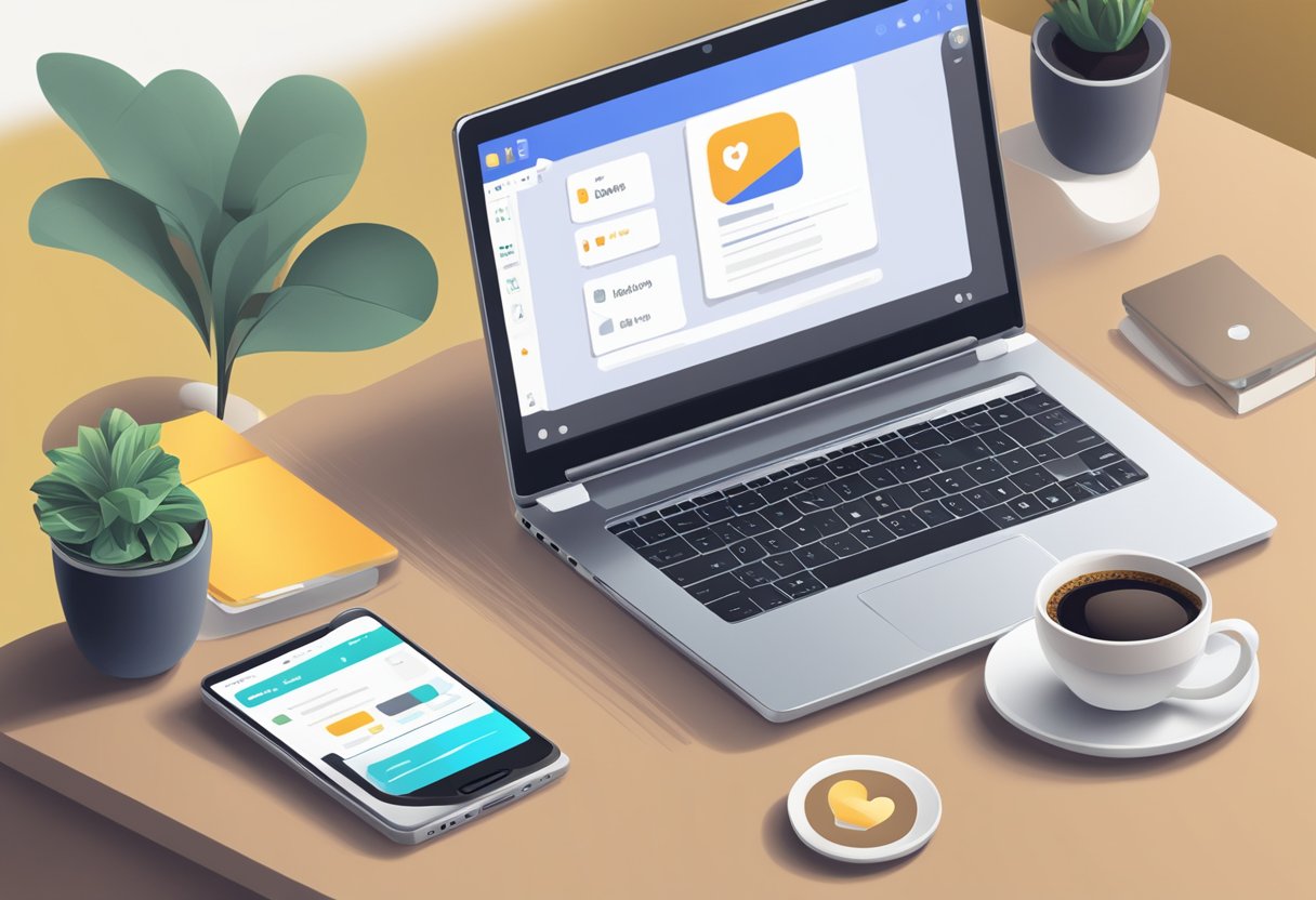 A laptop open on a table, with a dating app displayed on the screen. A cup of coffee sits next to the laptop, and a smartphone is placed nearby