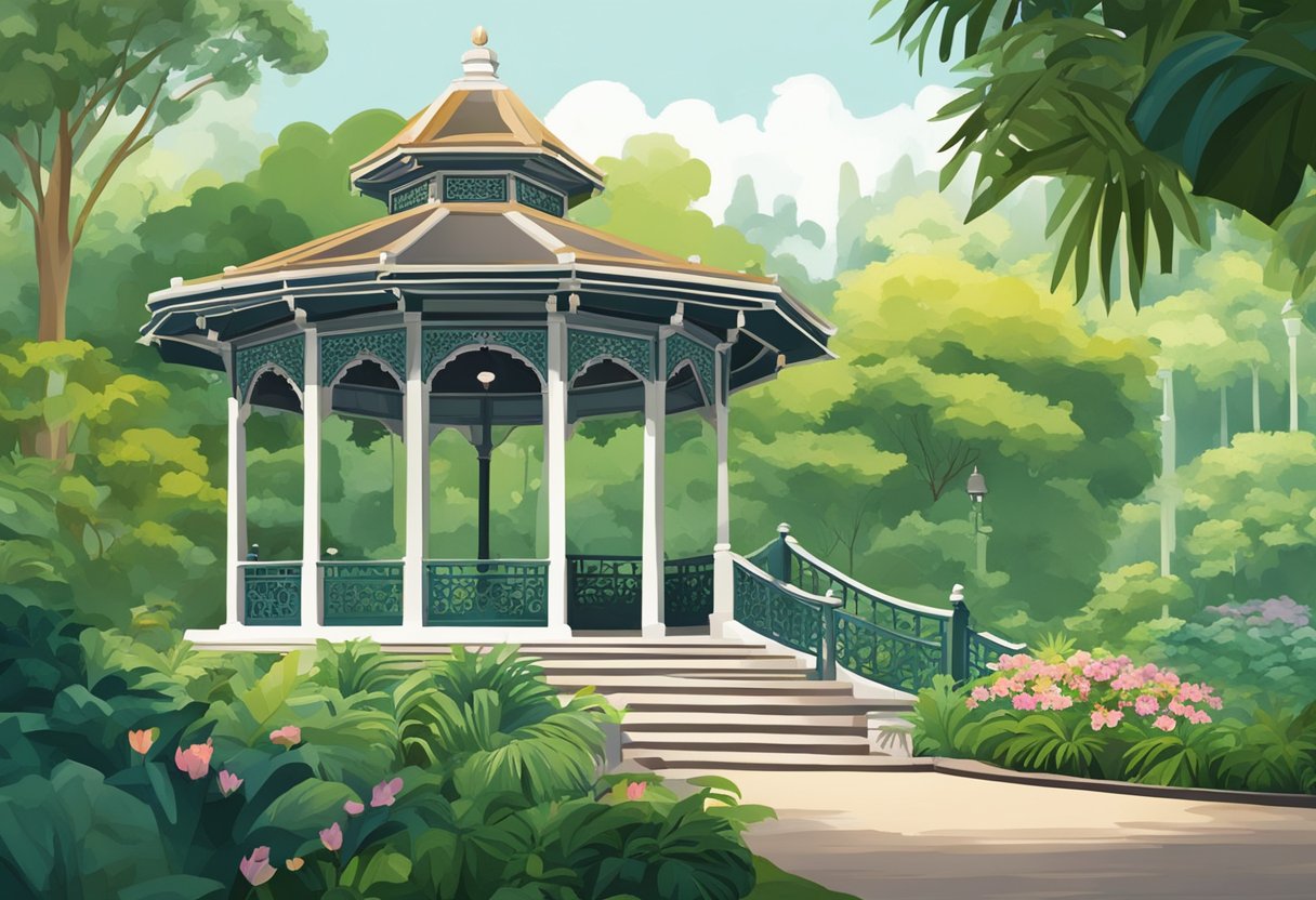The bandstand in Singapore Botanic Gardens stands proudly amidst lush greenery, with intricate architectural details and a picturesque backdrop