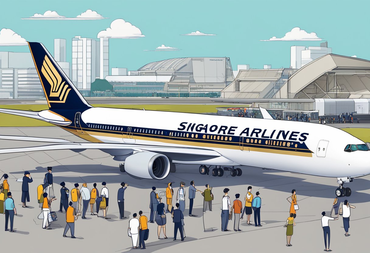 A Singapore Airlines aircraft surrounded by a group of people asking questions. The aircraft is parked on the tarmac with the airline's logo prominently displayed