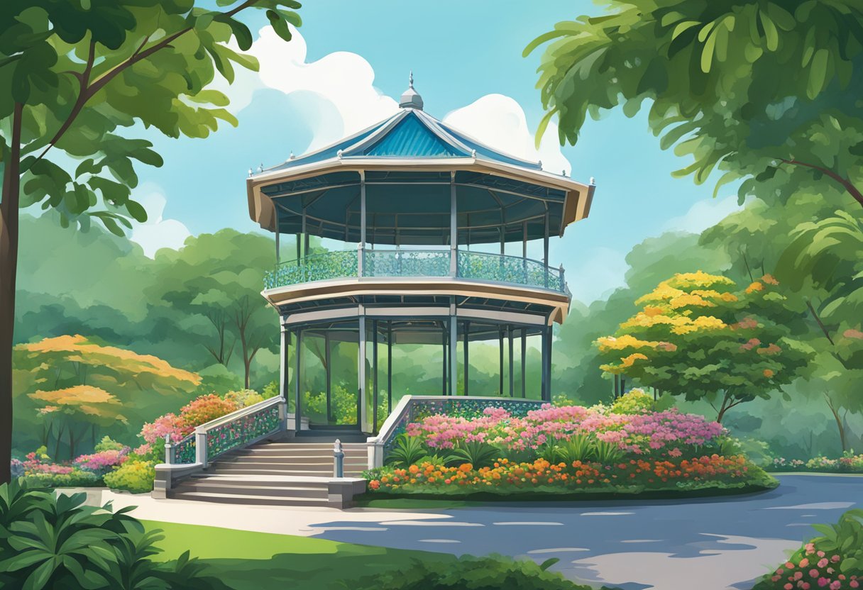 The bandstand at Singapore Botanic Gardens is surrounded by lush greenery and colorful flowers, with a clear blue sky overhead