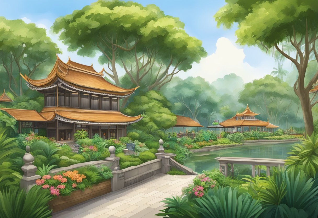 Lush greenery surrounds traditional architecture and educational exhibits at Singapore Gardens