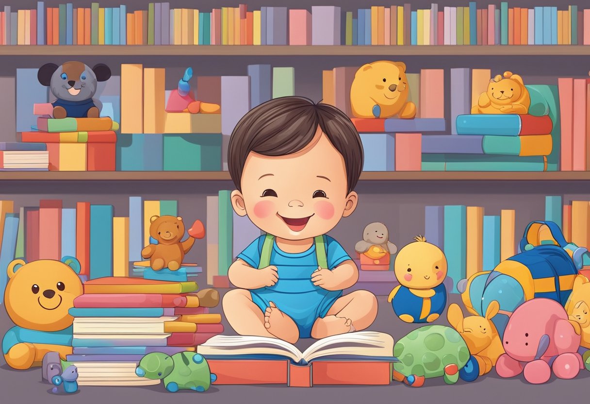 A smiling baby surrounded by toys and books, with a caregiver nearby