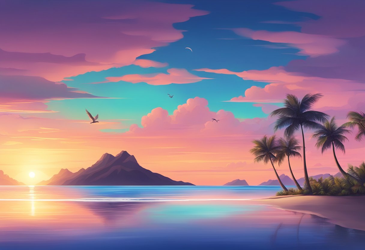 A serene beach with palm trees, crystal clear waters, and a distant view of a tropical island, set against a colorful sunset sky