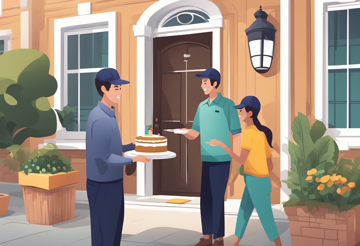 A delivery person handing over a cake to a smiling customer at their doorstep