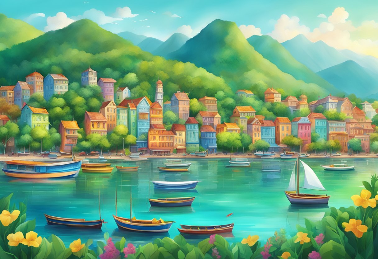 A bustling city skyline against a backdrop of lush green mountains and crystal-clear waters, with colorful boats dotting the coastline
