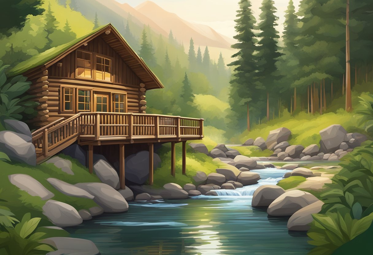 Lush greenery surrounds a cozy cabin nestled in the mountains. A winding river flows nearby, with a wooden bridge leading to a tranquil forest trail