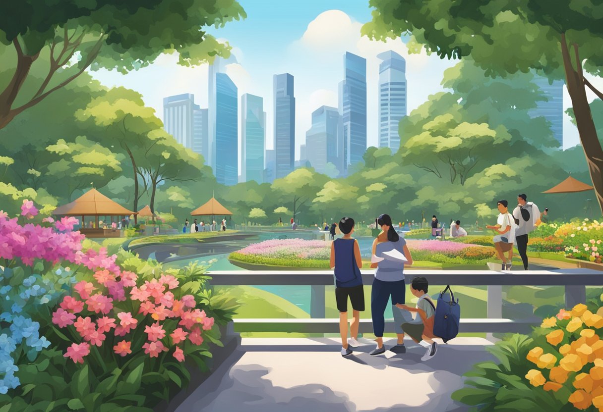 Visitors reading information boards in Singapore Gardens, surrounded by lush greenery and colorful flowers