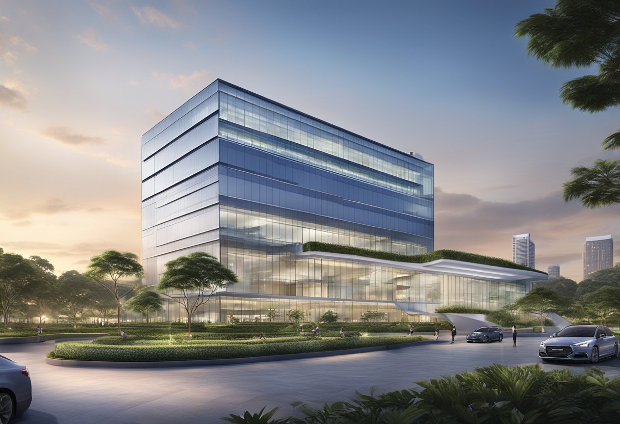 The Singapore Aeromedical Centre is a modern, sleek building with glass facades and a helipad on the roof. Surrounding it are well-manicured gardens and a clear view of the city skyline