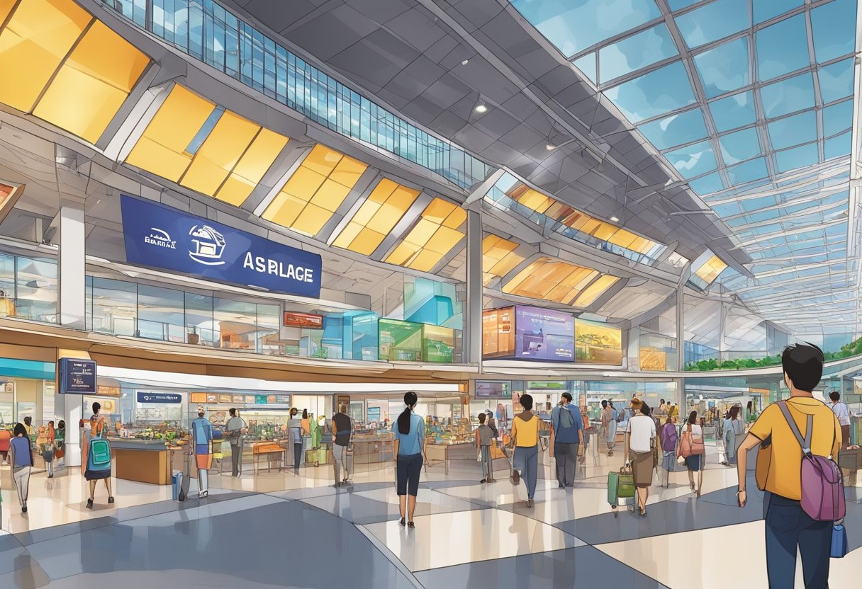 The bustling Singapore airport with colorful shops, sleek architecture, and diverse dining options. Visitors explore interactive exhibits and enjoy live performances