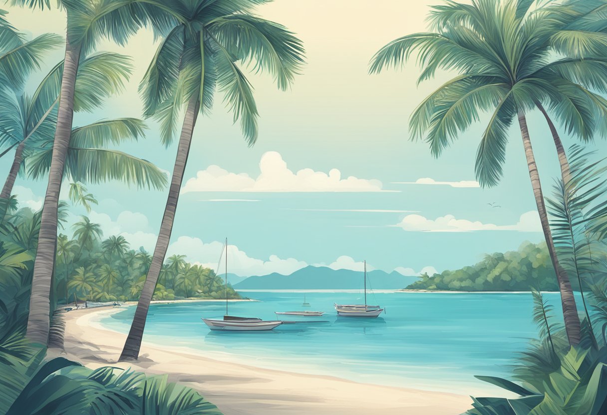 A serene beach with palm trees, clear blue waters, and a distant city skyline, with a signpost reading "Frequently Asked Questions weekend getaway from Singapore."