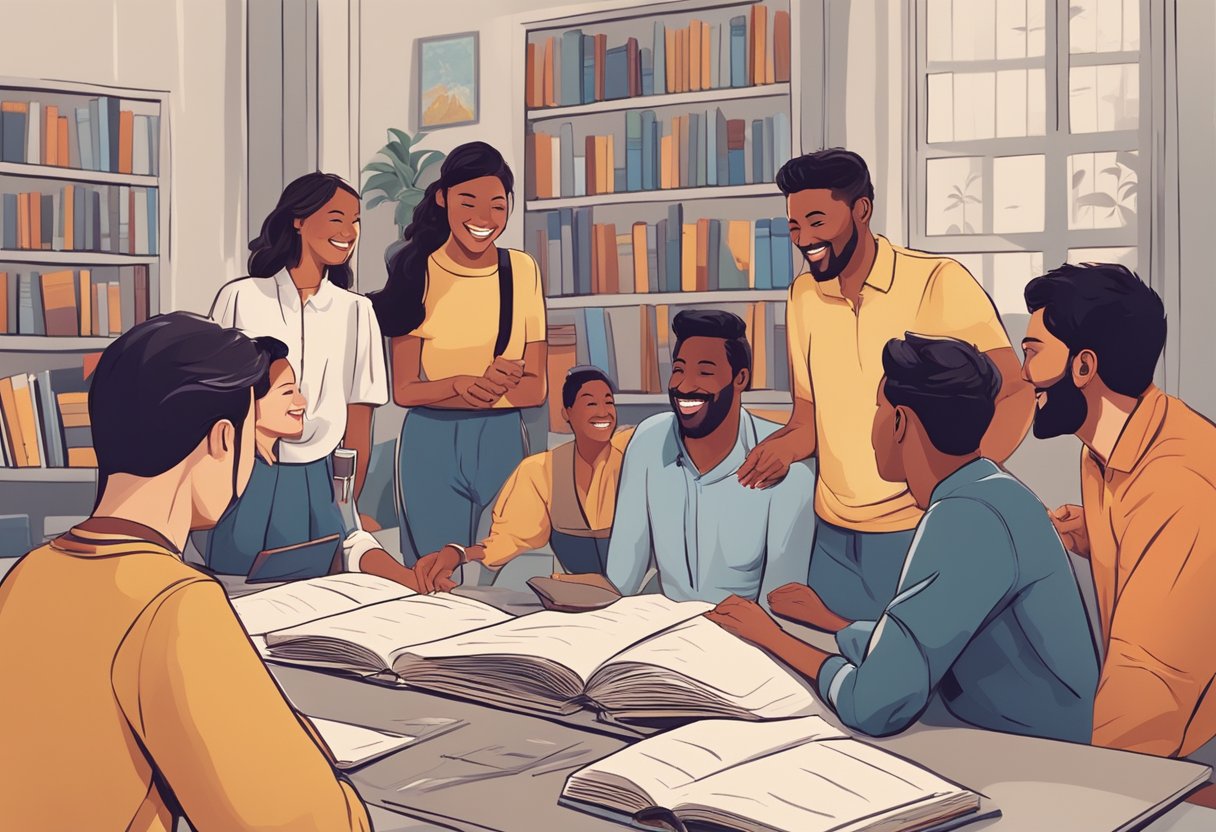 A group of people gather around a table, engaged in deep conversation with smiles on their faces, surrounded by books and educational materials