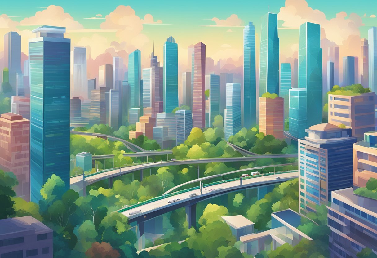 A bustling cityscape with modern skyscrapers, lush greenery, and a network of roads and bridges, all set against a vibrant skyline