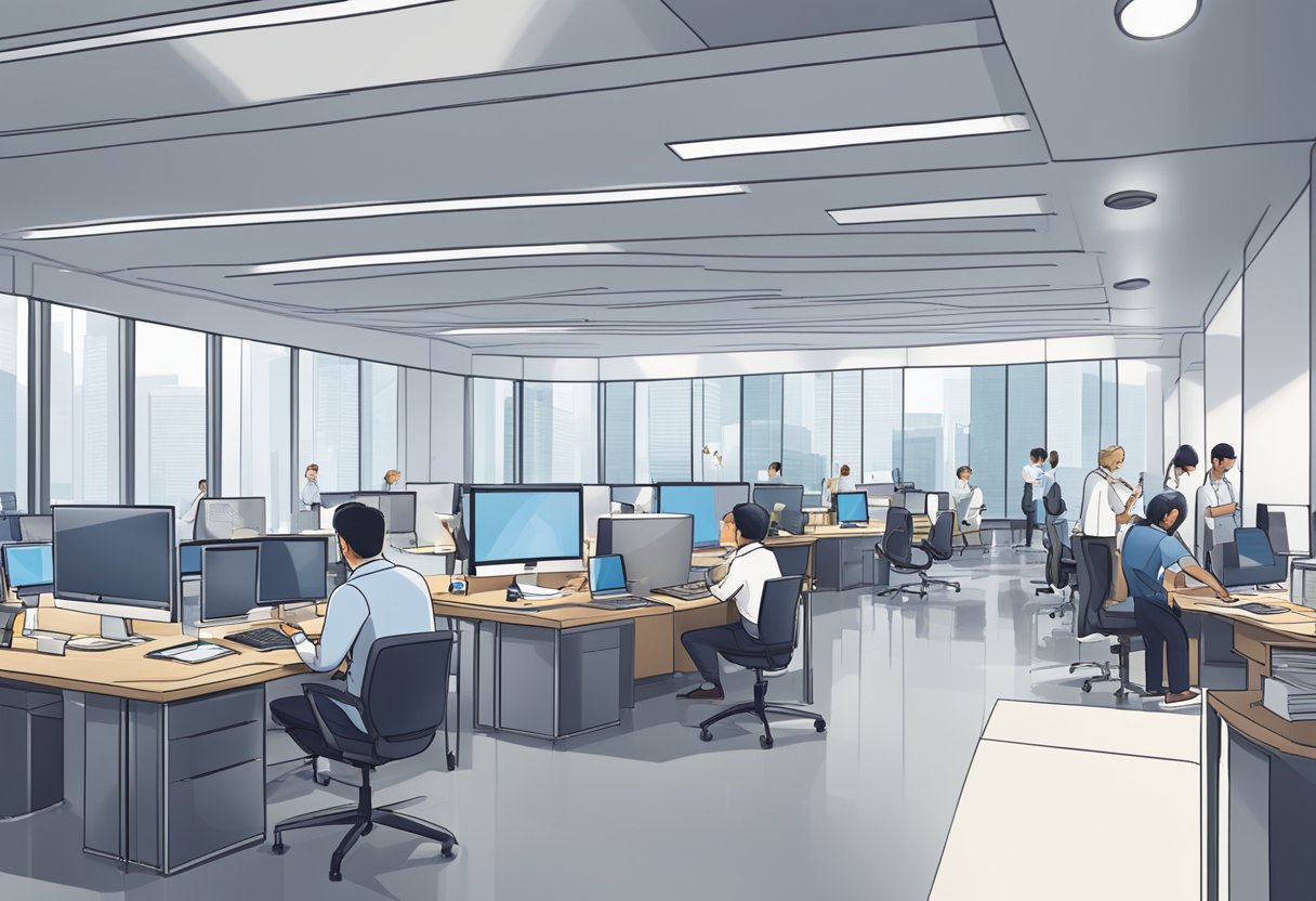 A bustling office with modern technology and a collaborative atmosphere at Operational Insights in Singapore