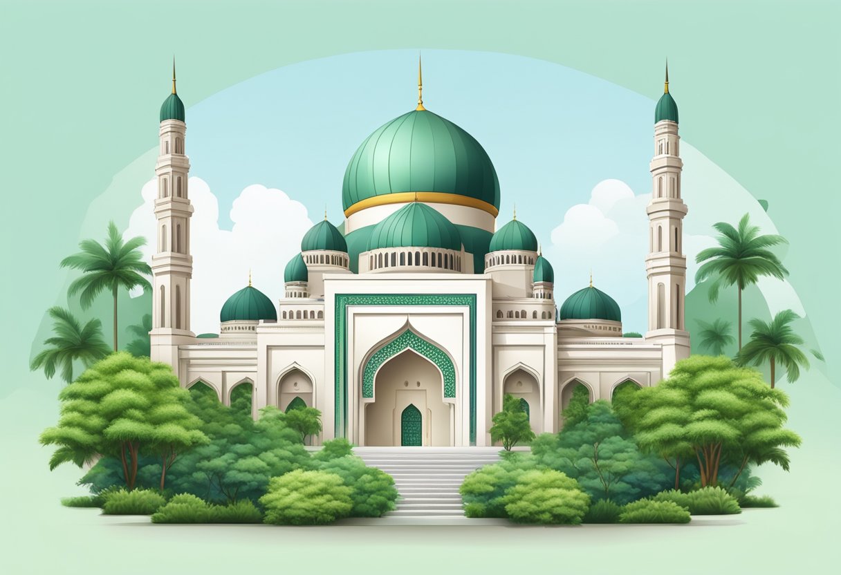 A grand mosque in Singapore stands tall with intricate domes and minarets, surrounded by lush greenery and a serene atmosphere