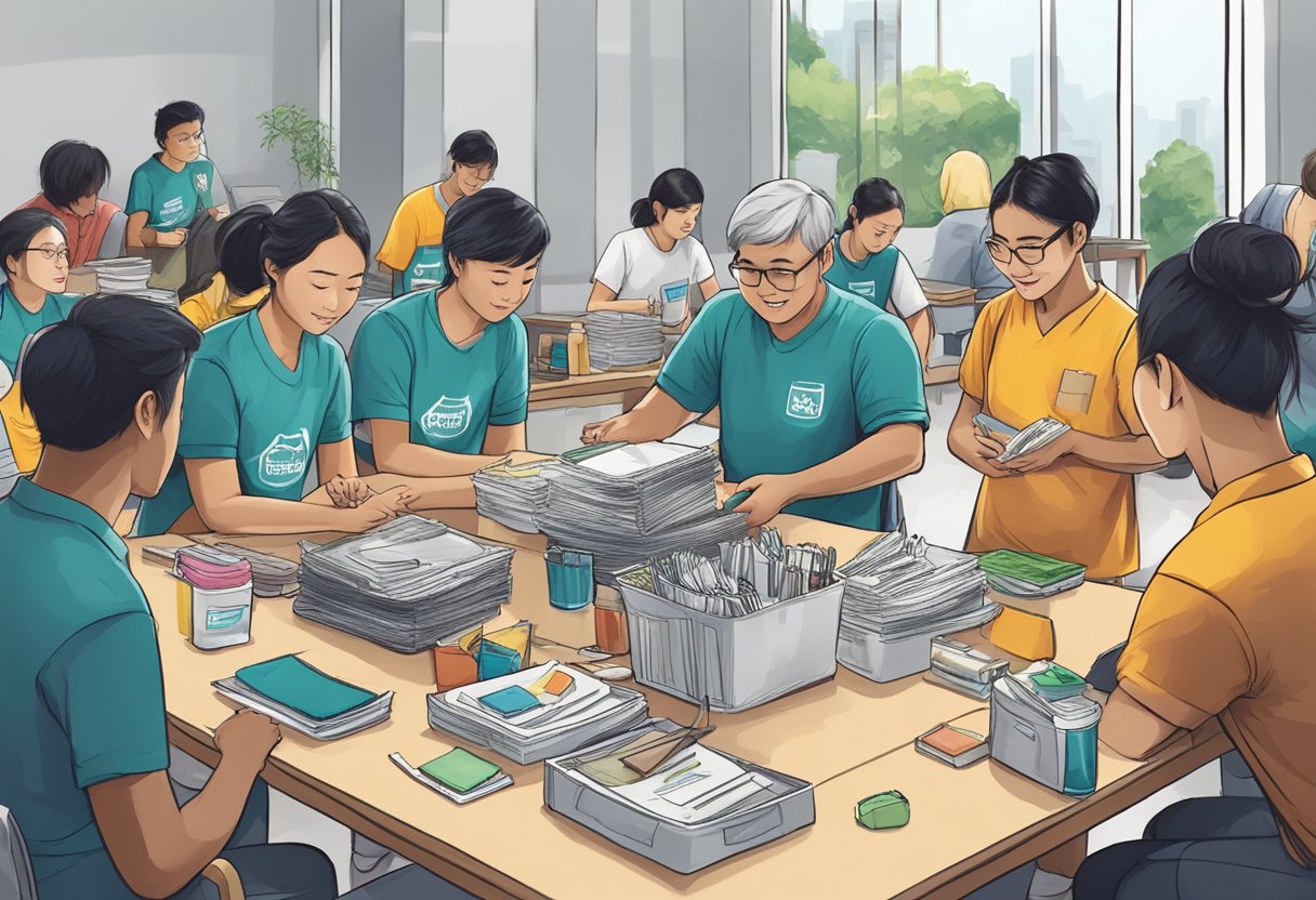 A group of volunteers gather around a table, organizing supplies and preparing to support and outreach in Singapore, showing willingness and compassion