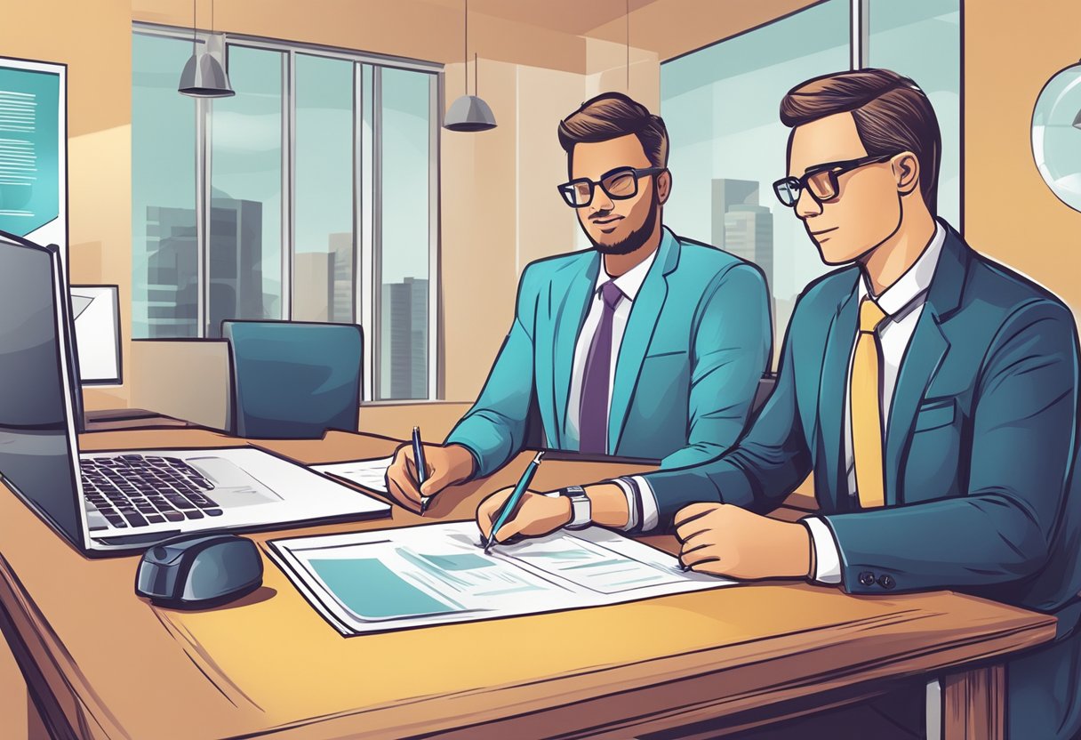 A person signing a car loan agreement at a desk with a bank representative