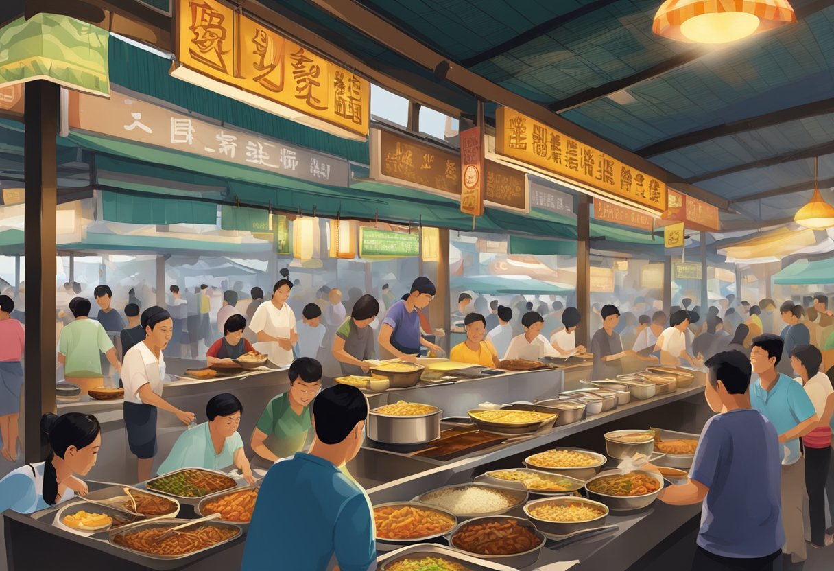 A bustling hawker center in Singapore, filled with the aroma of sizzling woks and the sound of sizzling street food vendors serving up fragrant Burmese dishes