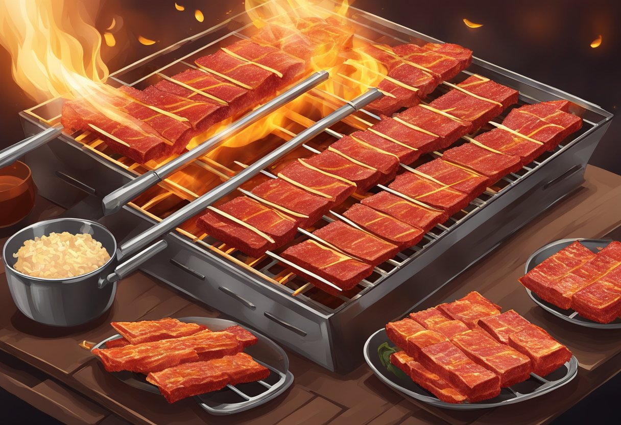 A sizzling grill cooks bak kwa, filling the air with sweet and savory aroma. Red and golden slices glisten in the light, ready to be savored