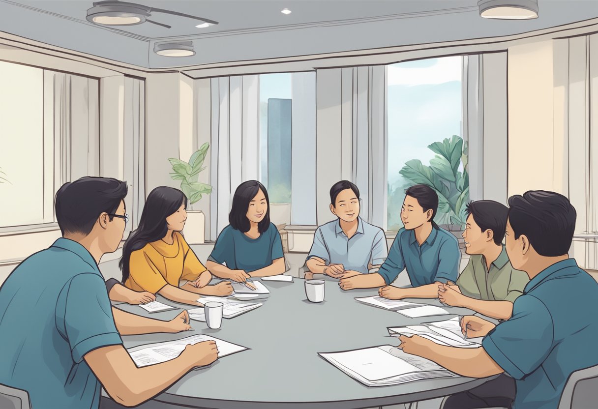 A group of people gather around a table, discussing and answering questions about the organization "Willing Hearts Singapore."